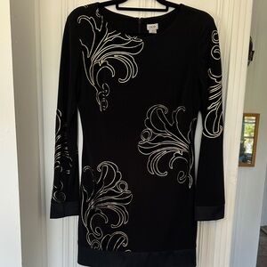 Cache Black Long Sleeve Dress with White Scroll Embroidery